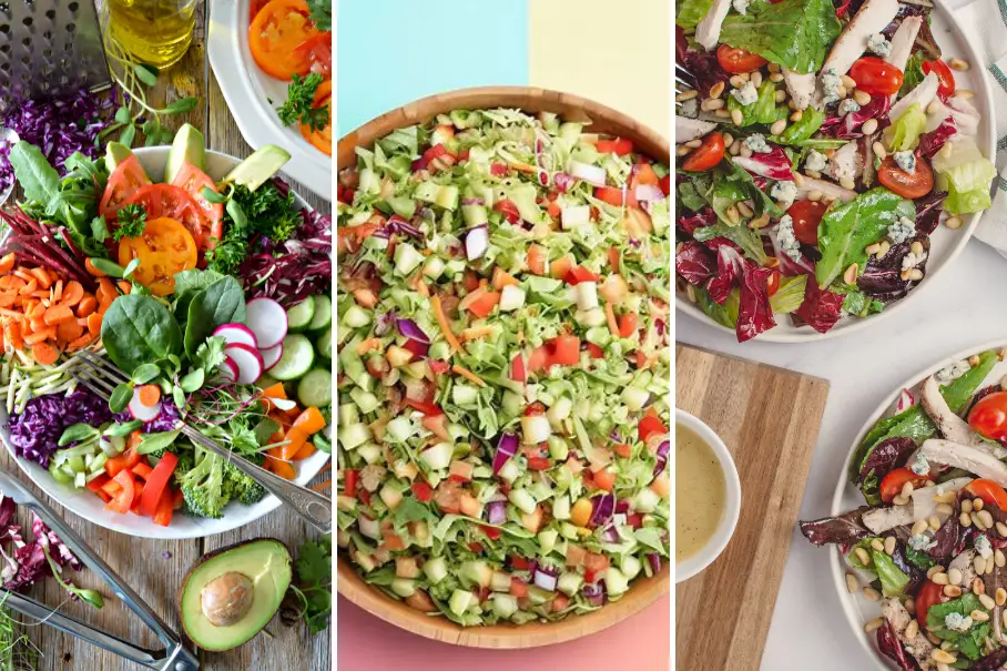 A collage of three images of different salads. The first one is a colorful salad with various vegetables in a white bowl. The second one is a chopped salad with cucumbers, peppers, and onions in a wooden bowl. The third one is a salad with grilled chicken, tomatoes, and greens on a white plate.