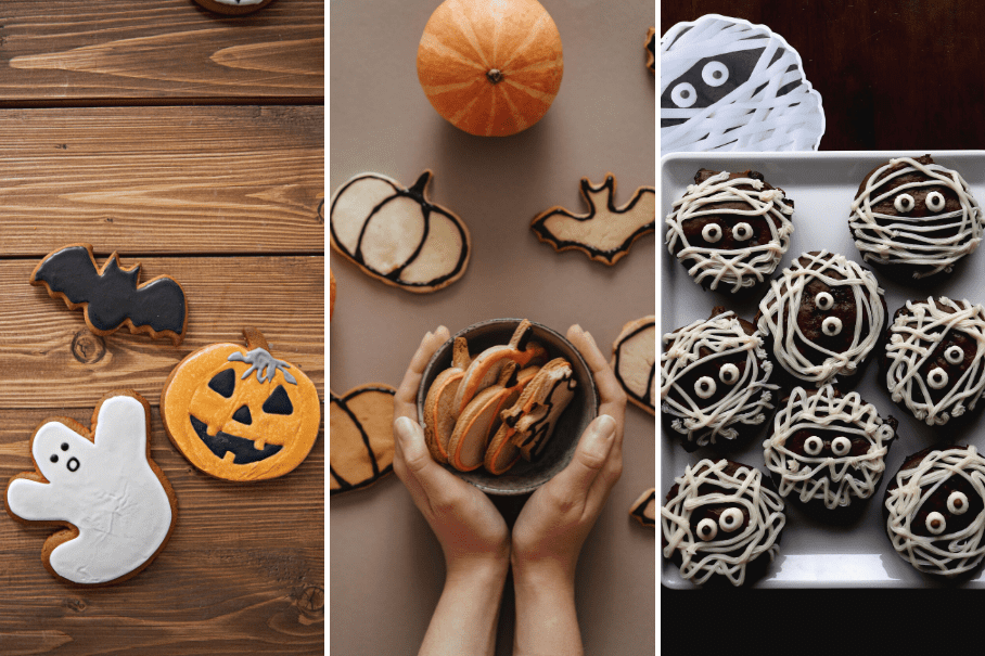 A collage of three images of Halloween themed cookies and treats. The first image shows cookies decorated as pumpkins, bats, and ghosts. The second image shows cookies shaped like leaves and acorns. The third image shows cake balls covered with chocolate and white icing to look like mummies.