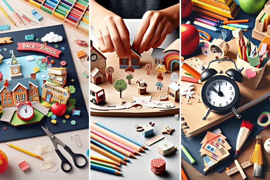 A collage of three images related to school and crafts: a blackboard with “Back to School” and school supplies, hands making a paper model of a school, and a desk with school supplies and a paper model of a school.