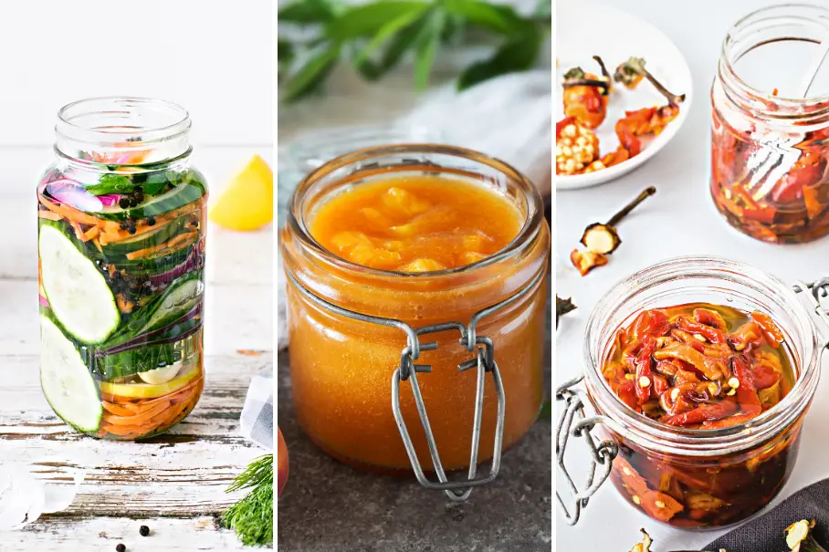 Three jars of different types of food on white backgrounds with herbs and ingredients around them. The first jar has a salad with cucumber, carrot, red cabbage, and greens. The second jar has an orange jam or chutney with a metal clasp. The third jar has red pickled vegetables with a metal clasp.