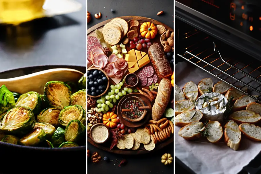 A collage of three images of food with a dark and moody tone. The first image shows roasted brussels sprouts and bacon in a skillet. The second image shows a charcuterie board with meats, cheeses, fruits, and nuts. The third image shows garlic bread in the oven.
