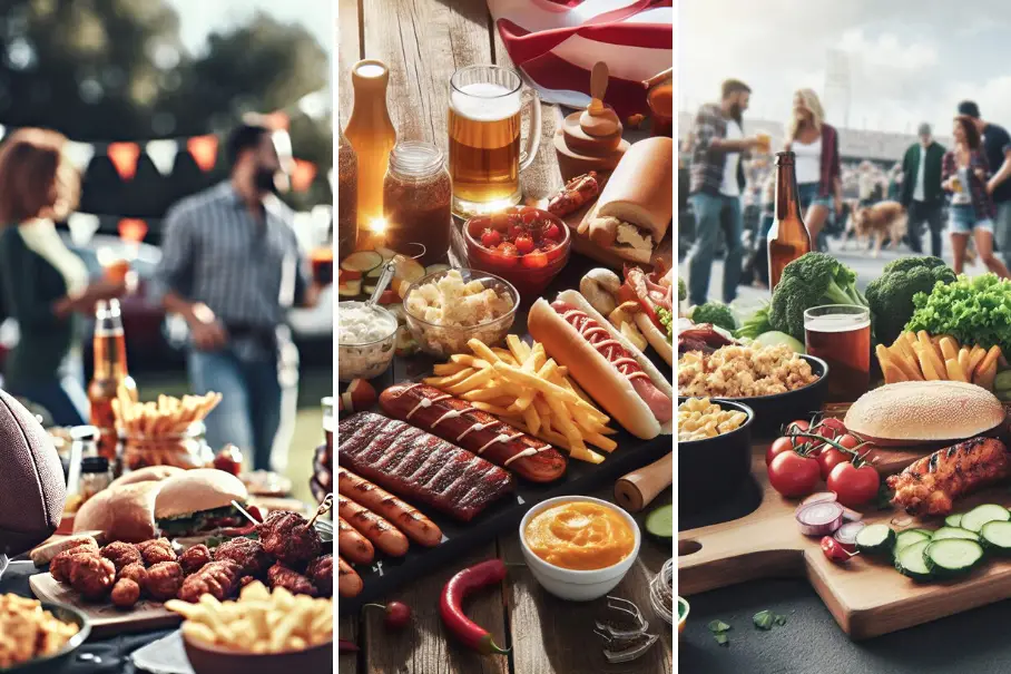 A group of people enjoying a tailgate party with different food and drinks in three photos.