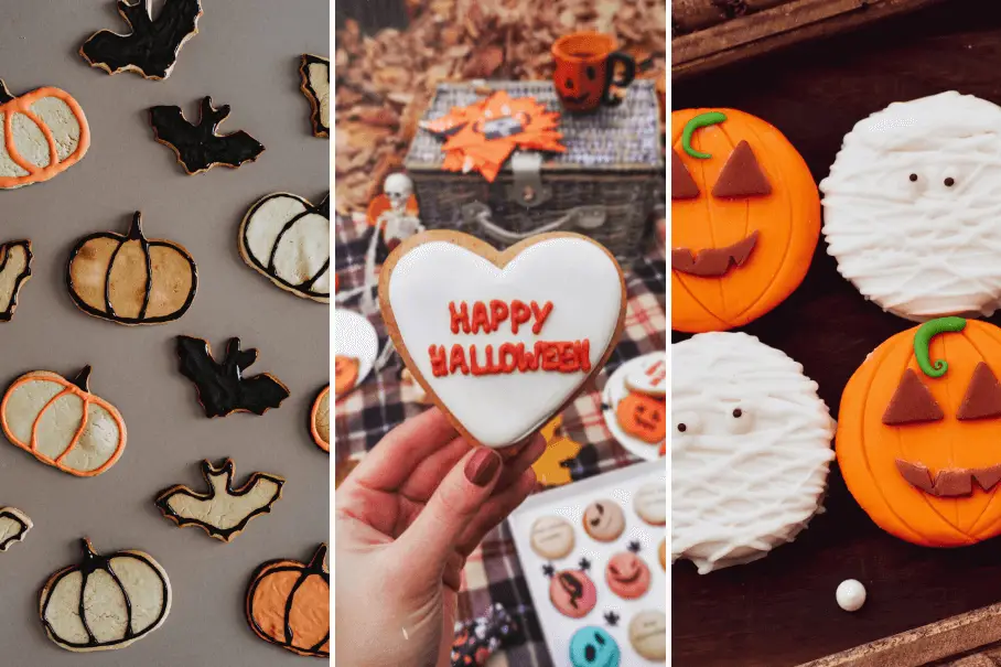 A collage of Halloween themed cookies in various shapes and colors, such as bats, pumpkins, ghosts and leaves. Some cookies have messages like “Happy Halloween” written on them. The cookies are decorated with icing and sprinkles.