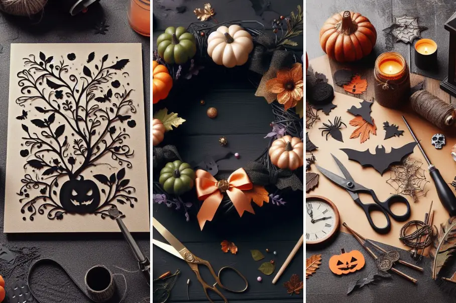 Three images of Halloween crafts: a tree with a jack-o-lantern and black thread, a black tray with pumpkins, gourds, and ribbons, and a candle with orange thread and bats.