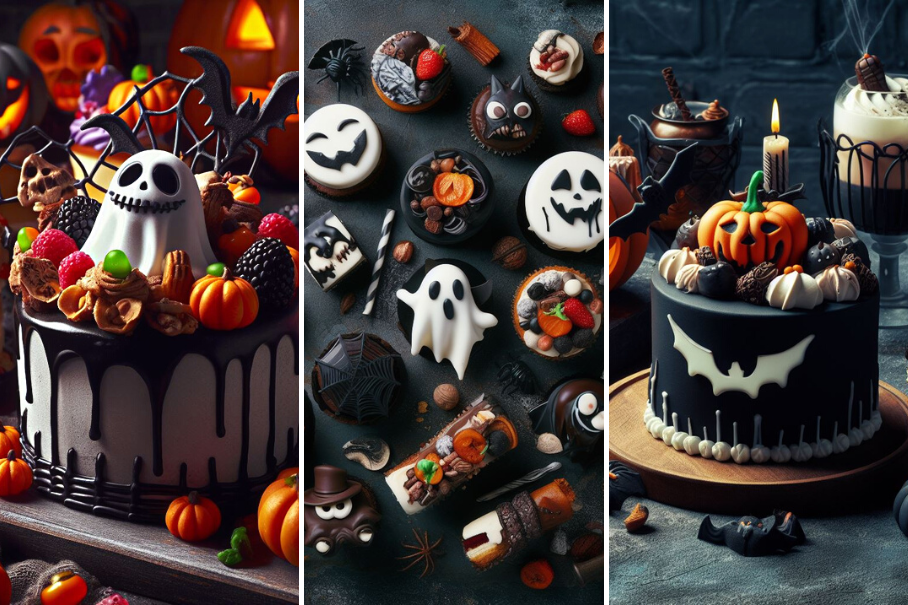 A collage of three images of Halloween themed cakes and desserts. The first image shows a black cake with white dripping icing and a ghost, a jack-o-lantern, and candy corn on top. The second image shows various desserts such as cupcakes, cookies, and cake pops with ghosts, jack-o-lanterns, and bats decorations. The third image shows a black cake with a jack-o-lantern on top and bats and a candle around it. All three images have a dark and spooky background.