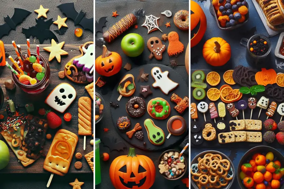 A collage of Halloween themed food and snacks, such as candy, cookies, pretzels, and fruit, arranged on dark plates and decorated with spiders, ghosts, and pumpkins.