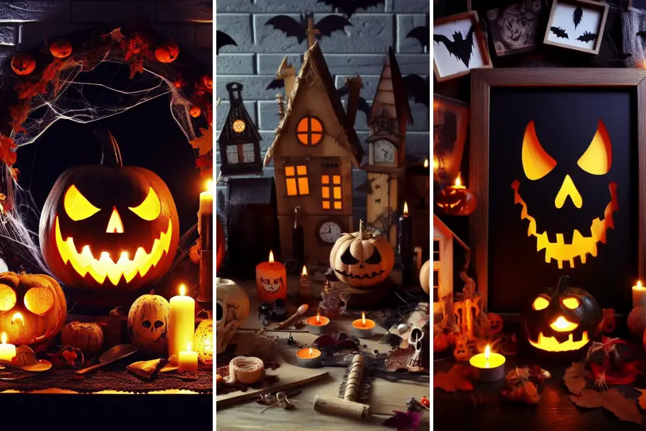 A collage of three Halloween-themed images: a carved pumpkin with cobwebs and skulls, a haunted house with a black cat and bats, and a framed picture of a pumpkin with candles.