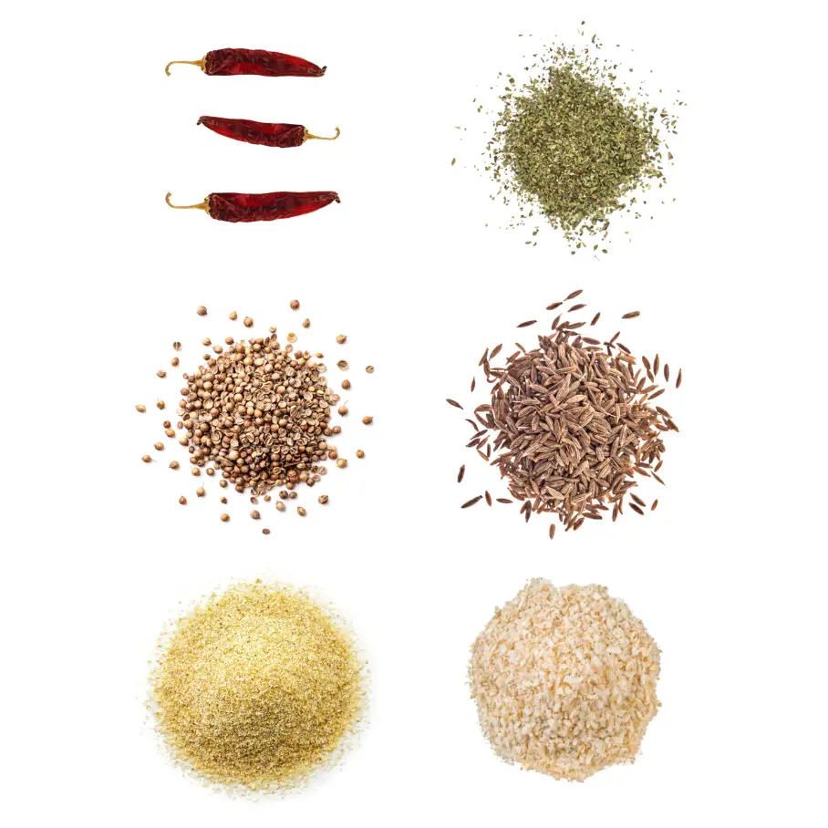A grid of six ingredients used to make homemade ancho chile powder on a white background