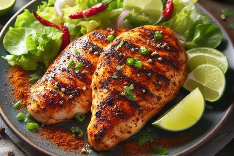 An image of grilled chicken breasts with ancho chile powder on a plate with lime wedges and some green salad