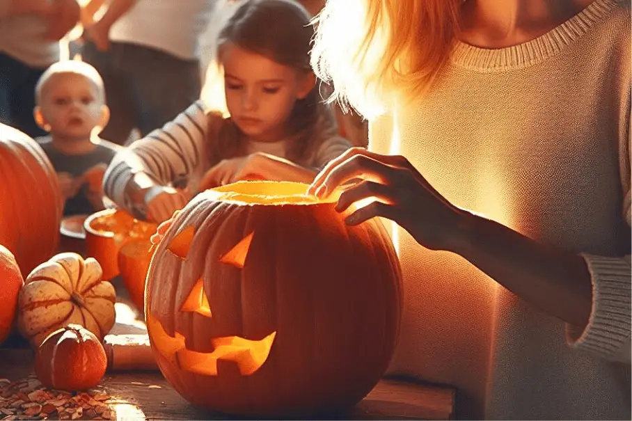 Alt text is a short description of an image that helps people who cannot see the image understand its content and purpose. Here is an example of alt text for the image you sent: A photo realistic image of a person carving a pumpkin in a warm and cozy setting. The person is wearing a white sweater and is using a knife to carve the pumpkin. The pumpkin has a face carved into it and is lit from the inside. There are other pumpkins and gourds scattered around the table. The background consists of a group of people, whose faces are blurred, gathered around a table. The background also consists of warm lighting and autumnal decorations.