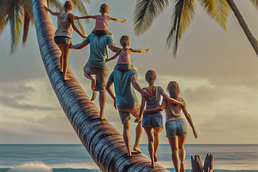 A photo of five people standing on a slanted palm tree trunk over the ocean, with their arms stretched out and smiling. They are wearing summer clothes and are barefoot. The background shows a clear sky and the ocean. The image has a warm and tropical mood.