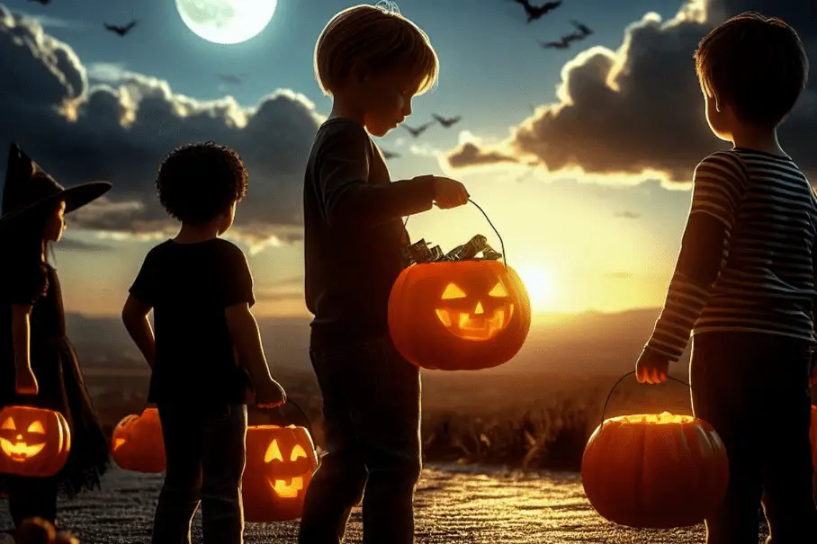 Alt text is a short description of an image that helps people who cannot see the image understand its content and purpose. Here is a possible alt text for this image: A group of children holding jack-o-lanterns in a field at sunset, with a full moon and bats in the sky.