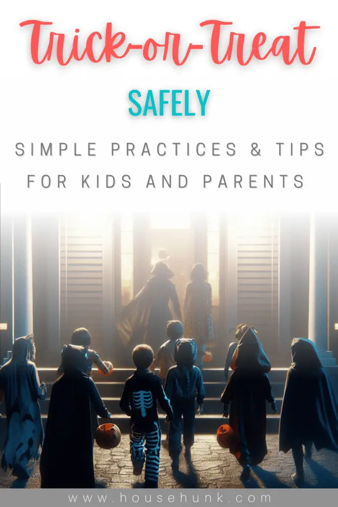 A poster with children in Halloween costumes and the text “Trick-or-Treat Safely” and “Simple Practices & Tips for Kids”.