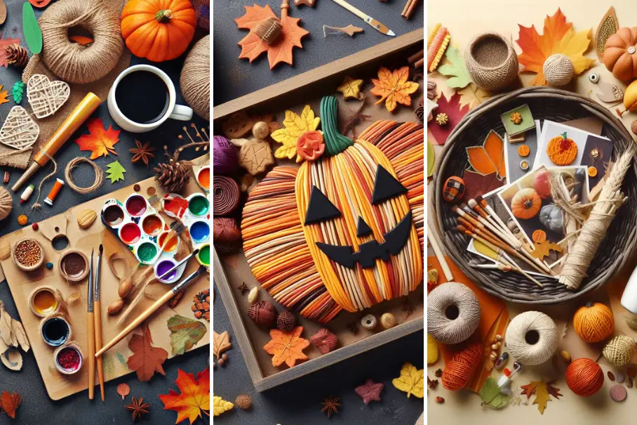 A collage of three images showing fall-themed crafts and decorations with pumpkins, coffee, yarn, and leaves.