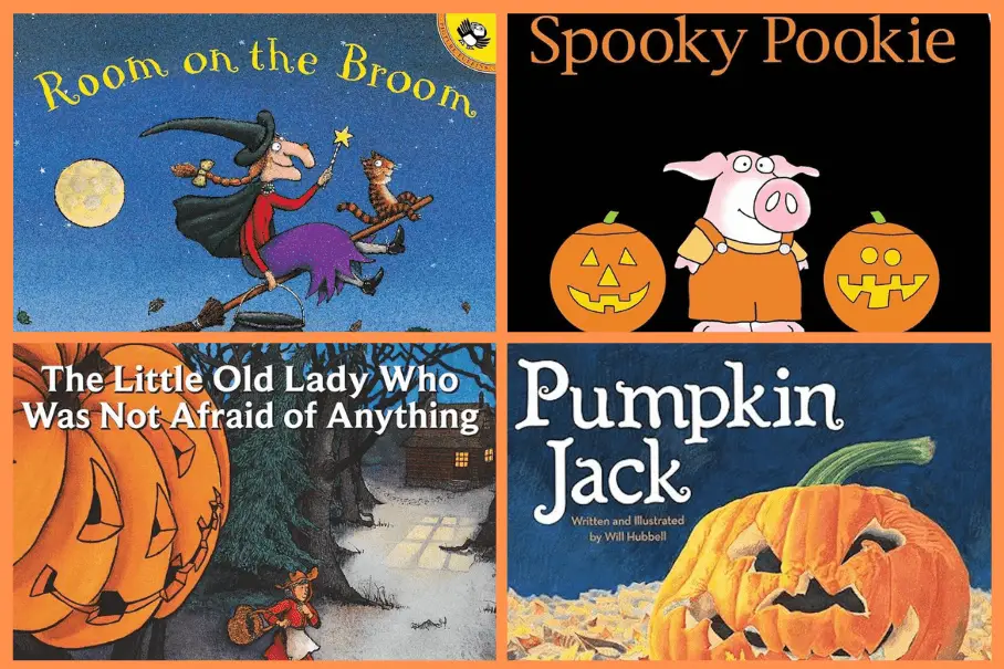 A collage of four Halloween children's books.