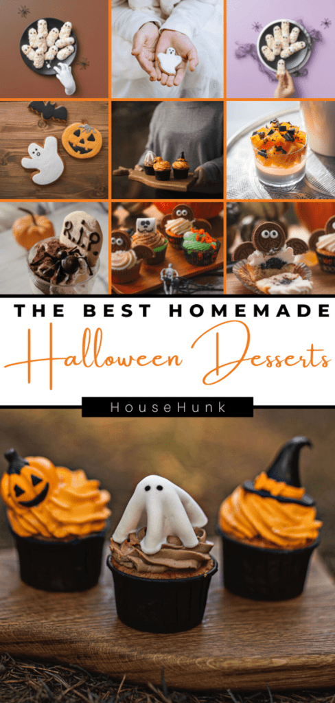 A collage of Halloween desserts with text labels. The desserts include cookies, cupcakes, and cake with ghost and pumpkin shapes and decorations. The text labels say “THE BEST HOMEMADE Halloween Desserts” and “HouseHunk”. The background is light orange.