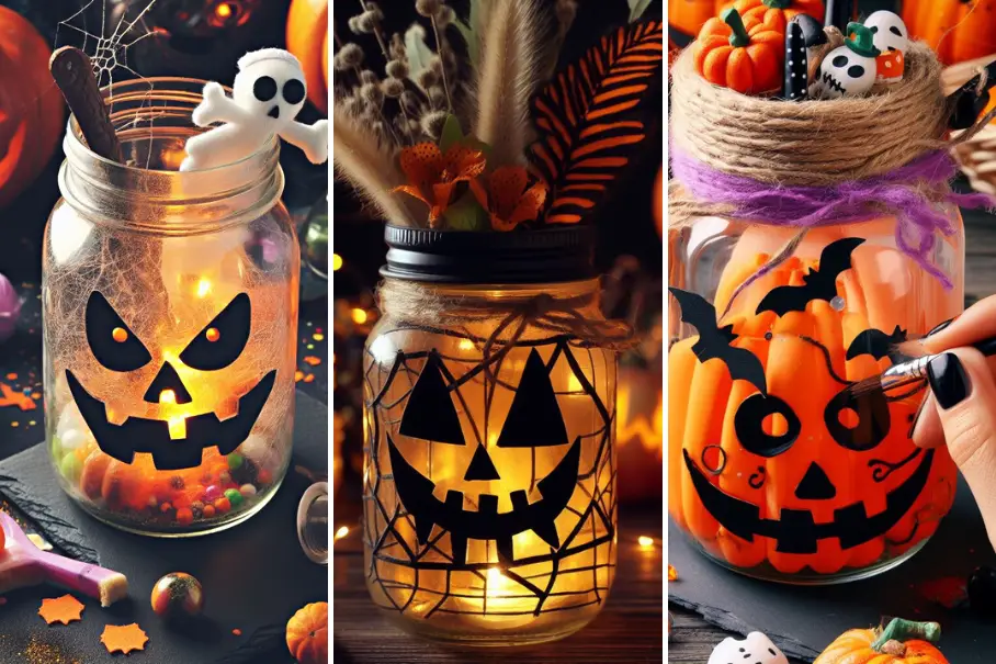 A collage of three mason jar crafts with jack-o-lantern faces and different fillings and toppings.