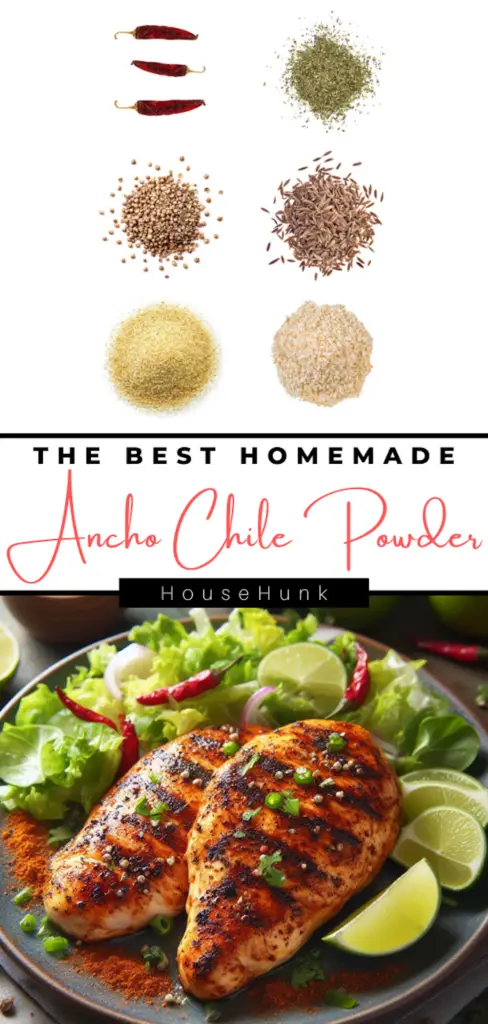 A collage of two images showing a recipe for homemade ancho chile powder. The top image shows various spices and herbs on a white background. The bottom image shows grilled chicken with ancho chile powder on a black plate. The text on the image says “The Best Homemade Ancho Chile Powder” and “HouseHunk”.