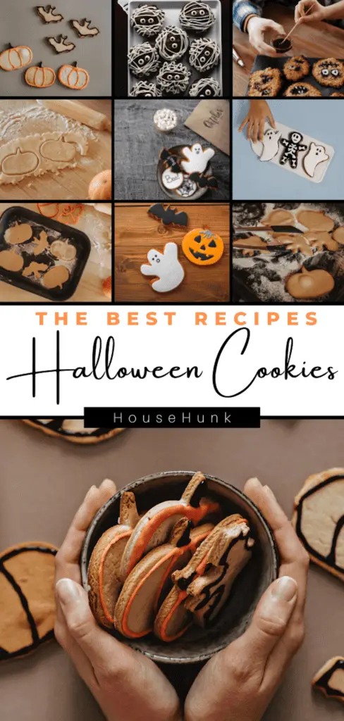 A collage of seven images showing different types of Halloween cookies, such as pumpkins, skulls, ghosts, bats, and cats. The images are arranged in a grid on a white background. The largest image has the text “THE BEST RECIPES Halloween Cookies House Hunk” in black and orange font.