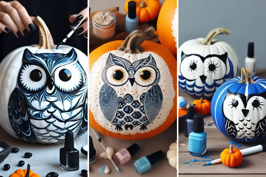 A collage of 3 different pumpkin painting projects.