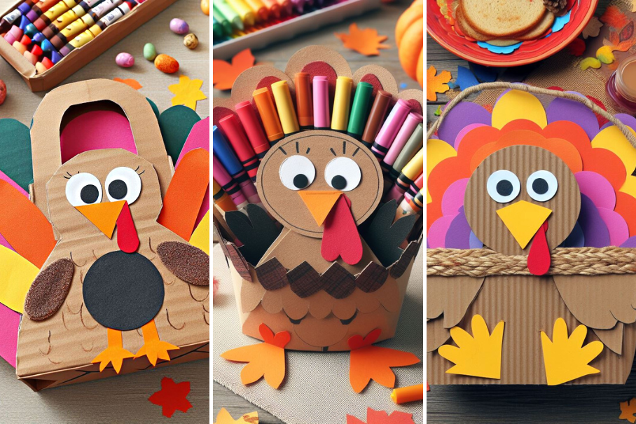 A collage of three paper turkeys made with different craft materials and surrounded by autumn leaves.