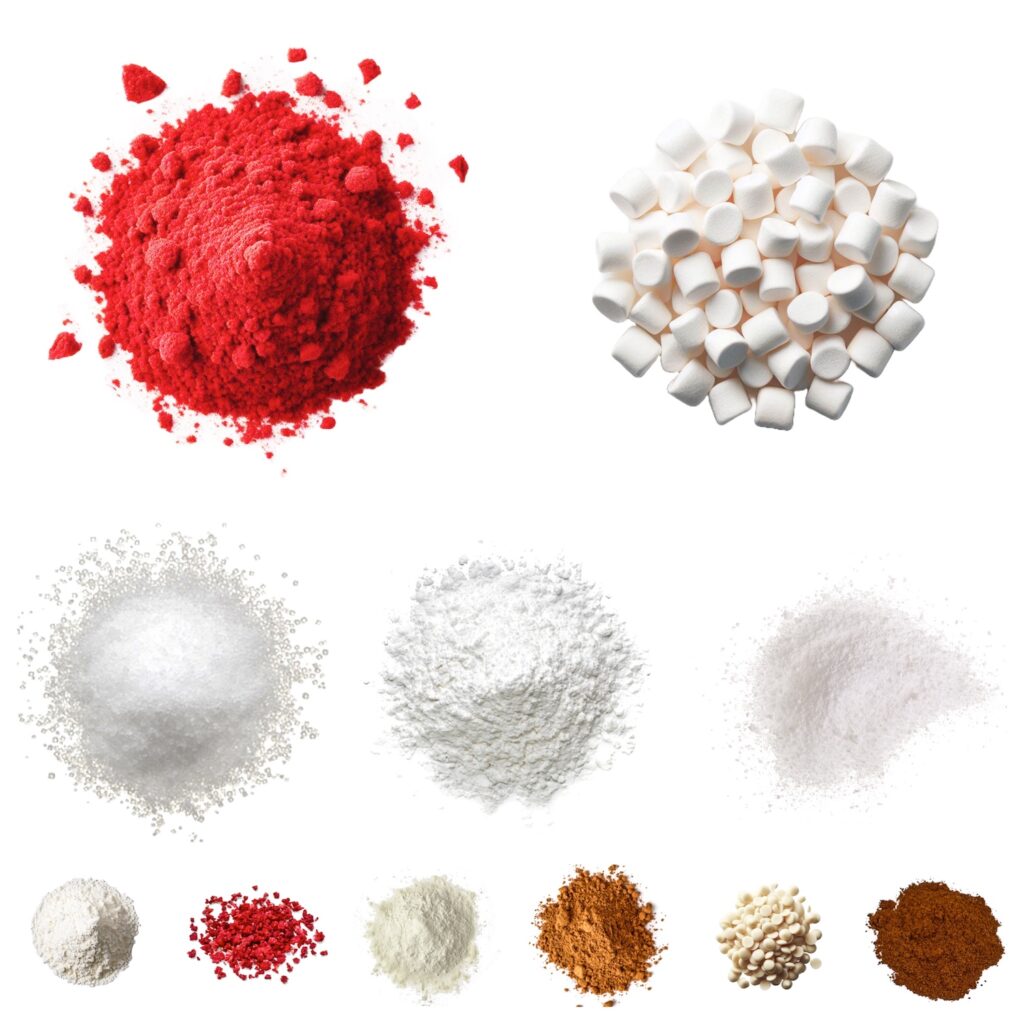 a group of different types of ingredients for red velvet hot chocolate